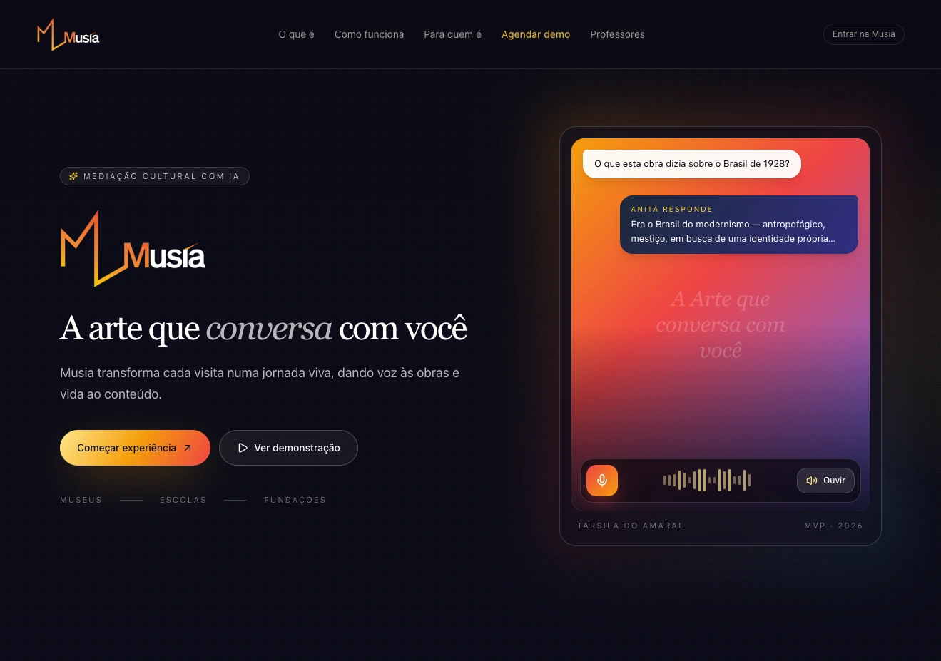 Interface do produto Musia, mediação cultural com inteligência artificial